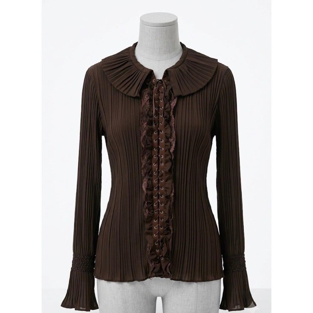 90s VTG Dress-U-II Brown Pleated Blouse L Lace Up Corset Front Victorian Goth